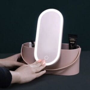 PORTA COSMETICOS / ORGANIZADOR CON ESPEJO LED ROSA CLARO